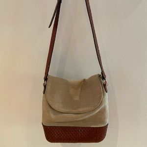 Vintage Linen and Leather Crossbody Purse